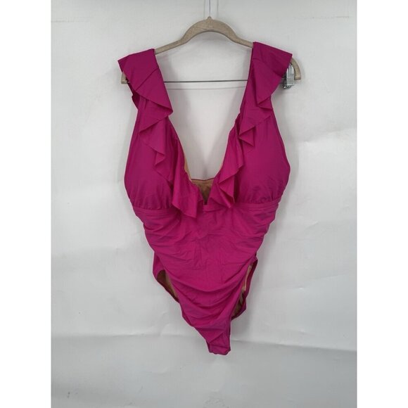 J. Crew Ruched Ruffle One Piece Swimsuit women 22 Pink Fuchsia Resortwear NEW - Picture 1 of 7